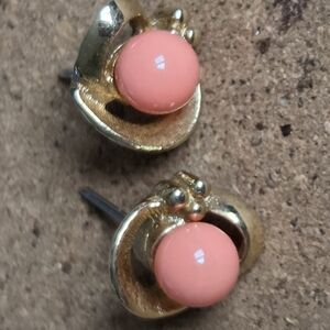 Vintage Avon Mirror Image Gold Tone and Peach Stone Stud Earrings